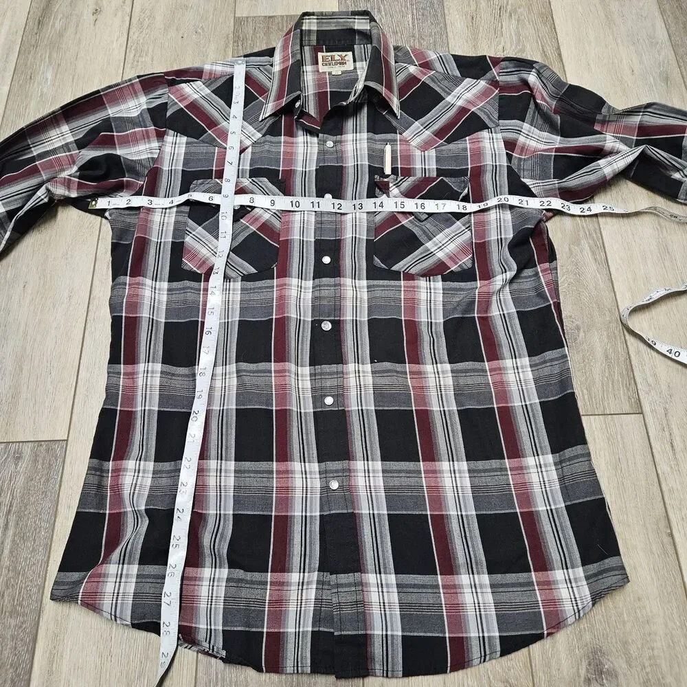 Ely Cattleman Vintage Pearl Snap Western Shirt Plaid Black Red Men's Medium